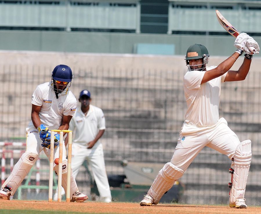Rajesh Bishnoi cuts during his half-century
