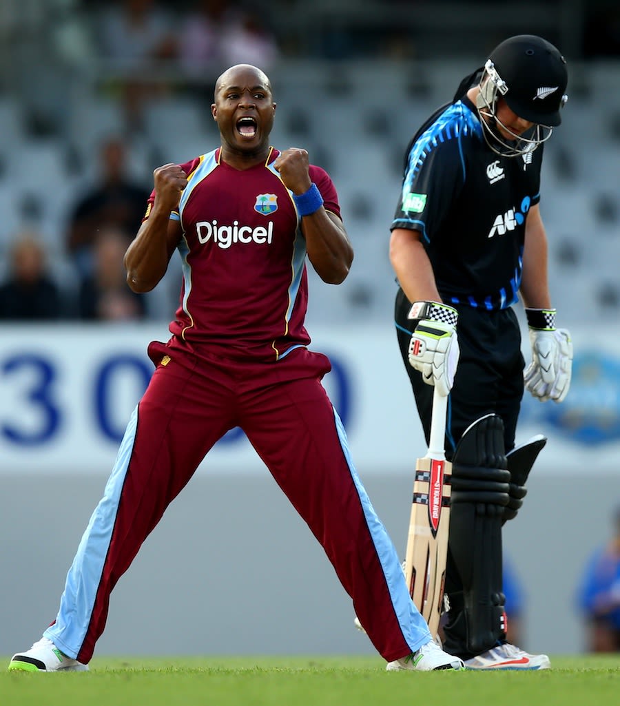 Tino Best celebrates one of his three wickets