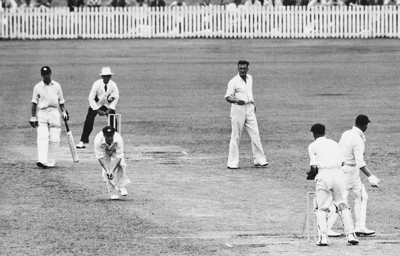 Sam Loxton takes a catch to dismiss Freddie Brown off the bowling of Jack Iverson