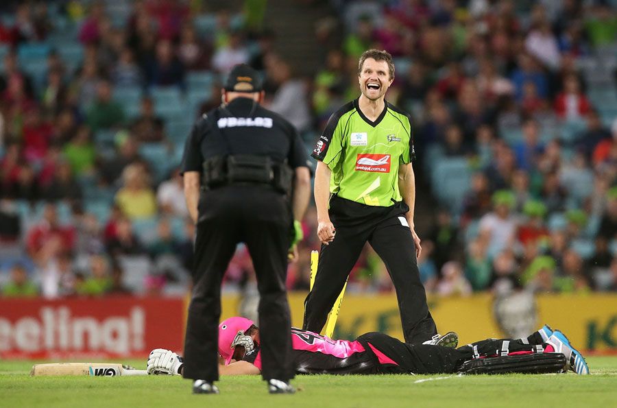 Dirk Nannes is pleased having helped run out Michael Lumb