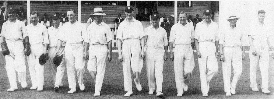 The Hon Freddie Calthorpe leads England onto the field
