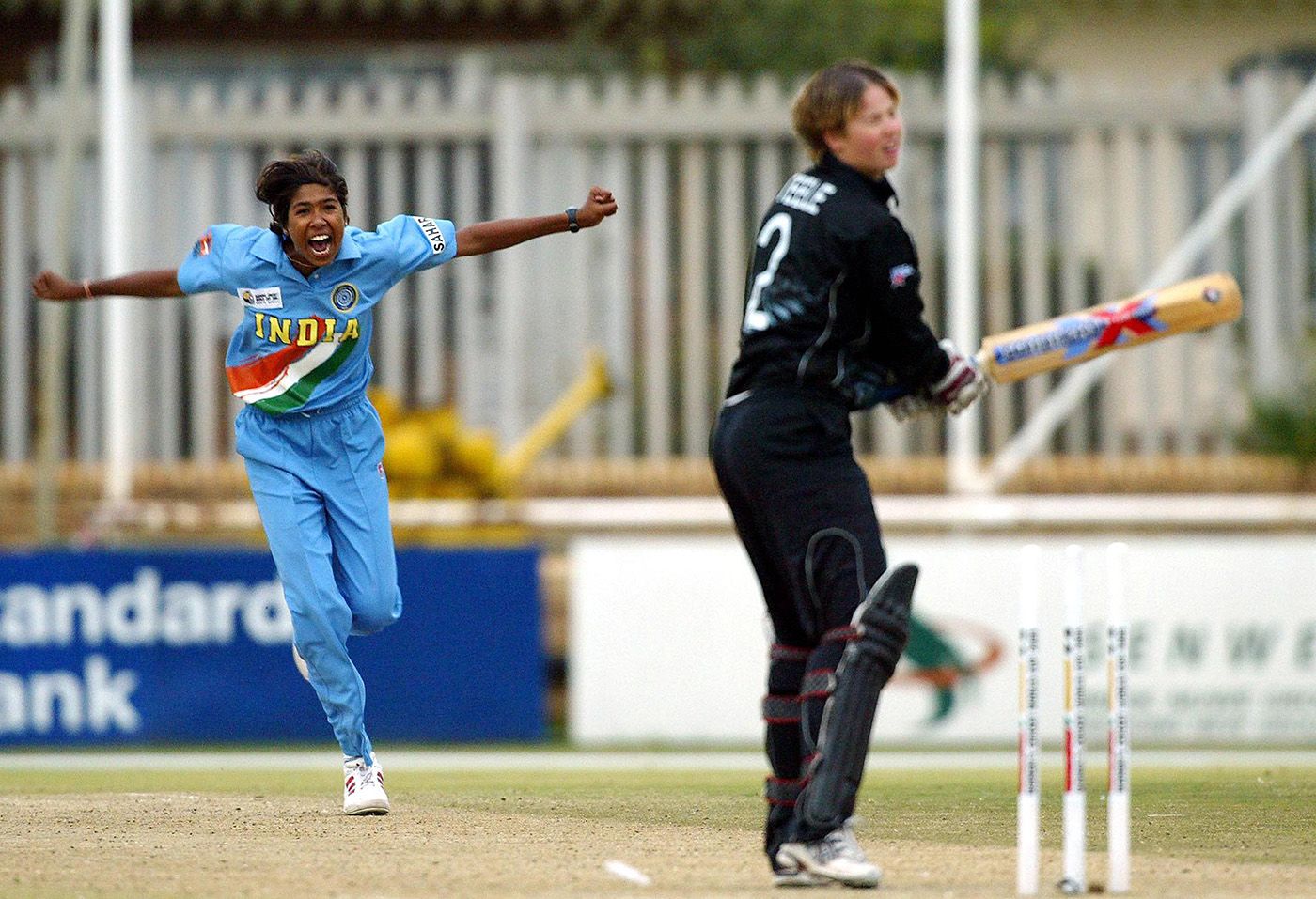 Jhulan Goswami bowls Rebecca Steele to seal victory in the semi-final