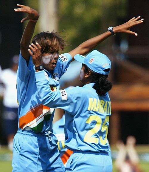 Jhulan Goswami is congratulated by Deepa Marathe