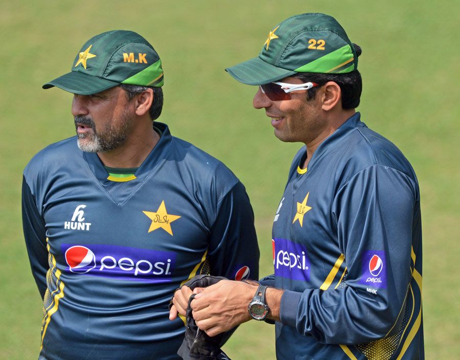 Moin Khan and Misbah-ul-Haq chat during a practice session