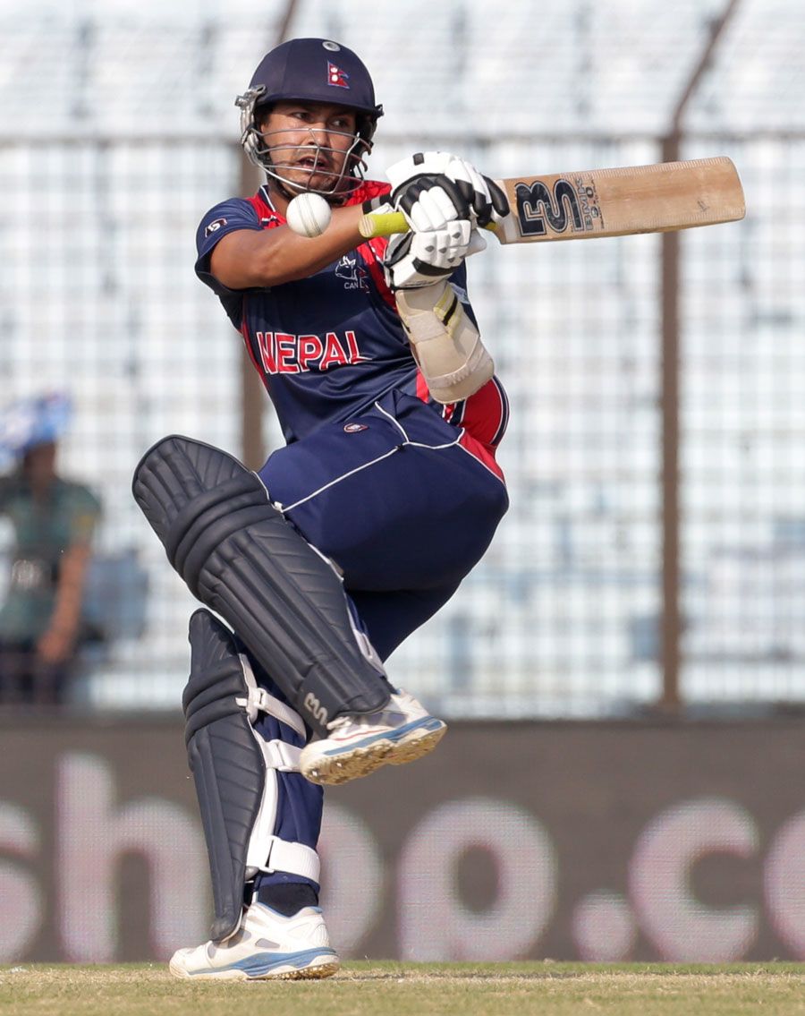 Subash Khakurel is hit while attempting a pull