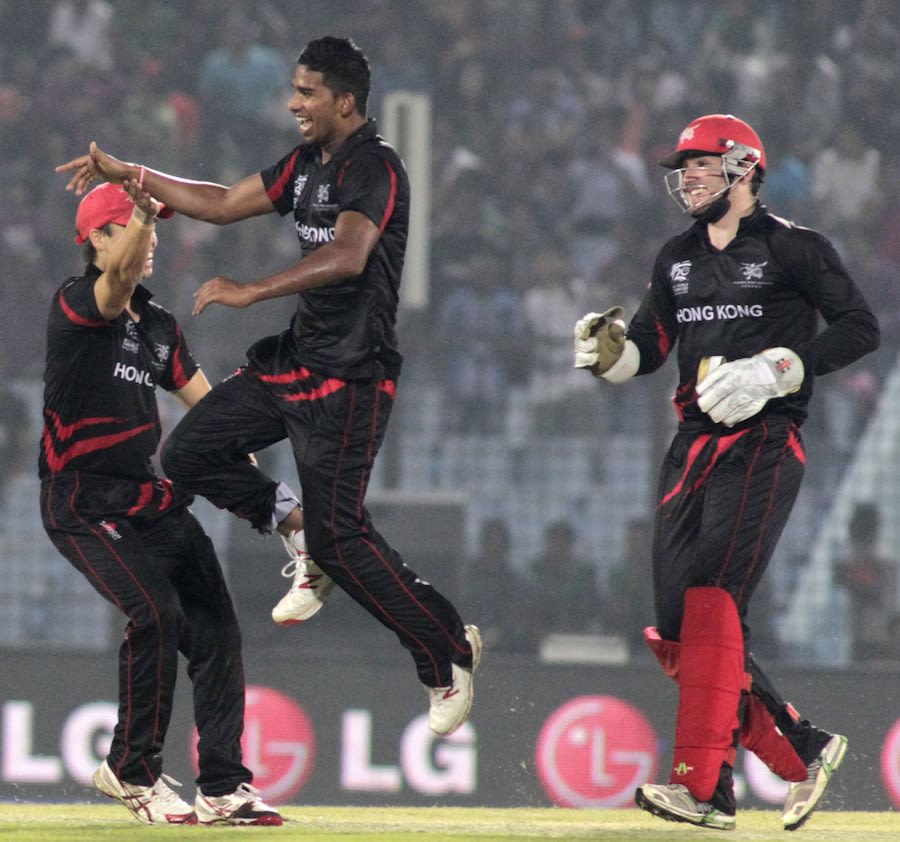 Nadeem Ahmed takes off after picking up one of his four wickets