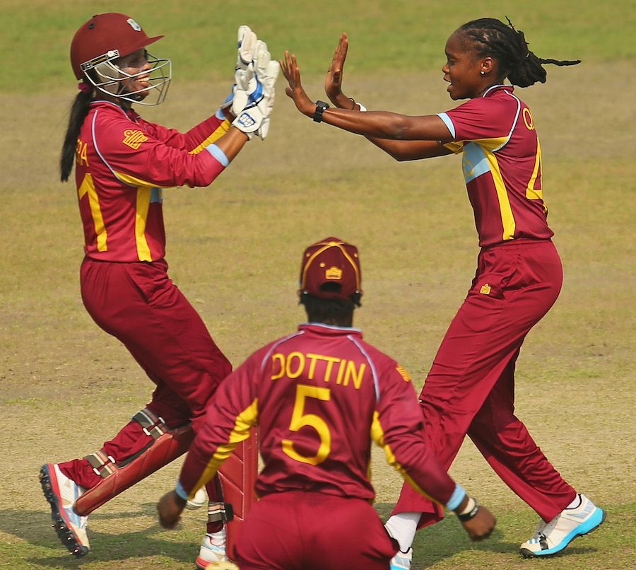 Merissa Aguilleira and Shaquana Quintyne celebrate a wicket