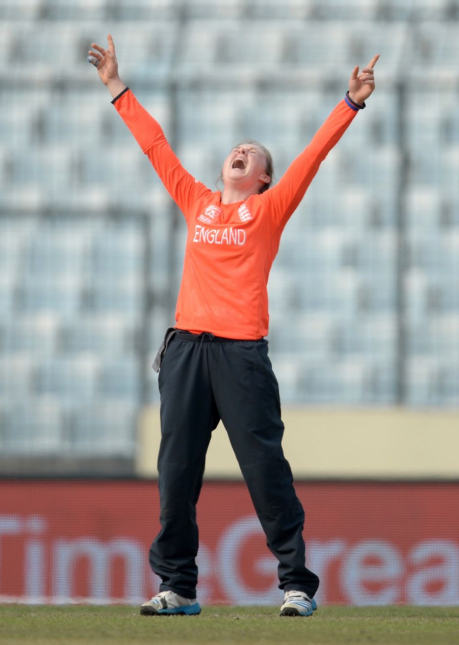 Rebecca Grundy is ecstatic after a wicket
