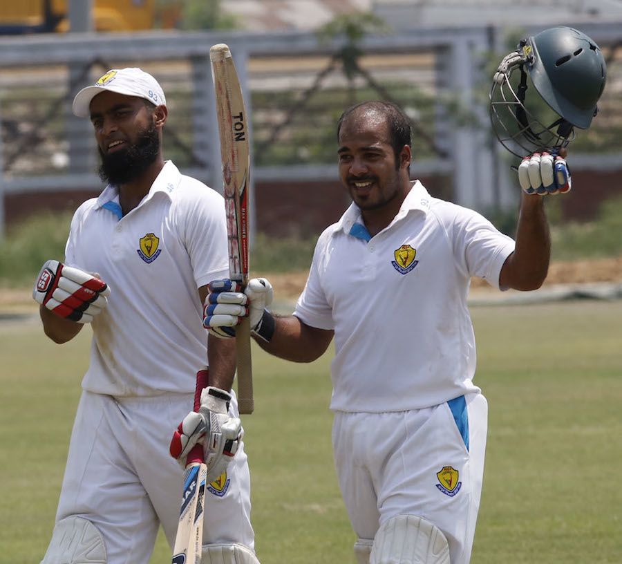 Tanveer Haider celebrates his second first-class century
