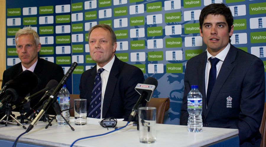Peter Moores, Paul Downton and Alastair Cook at the unveiling of England's new coach