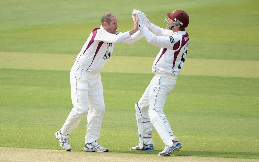 Andrew Hall celebrates a wicket with David Murphy