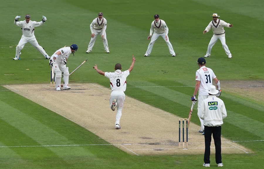 Michael Yardy was bowled by Alfonso Thomas
