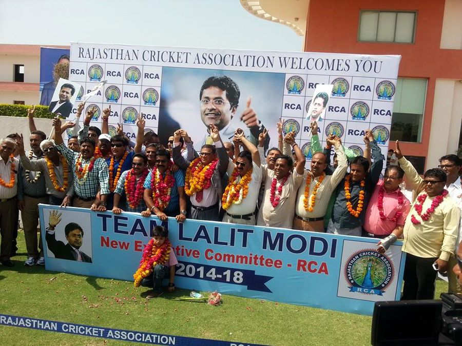 Lalit Modi's supporters celebrate after he is named Rajasthan Cricket Association president