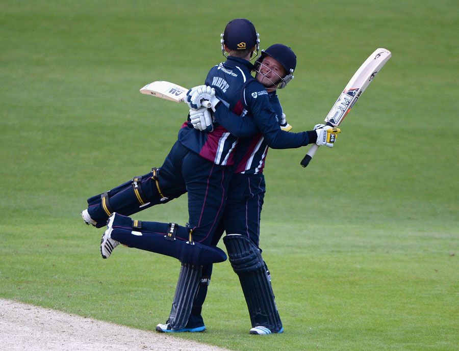 Ben Duckett and Graeme White celebrate sealing victory