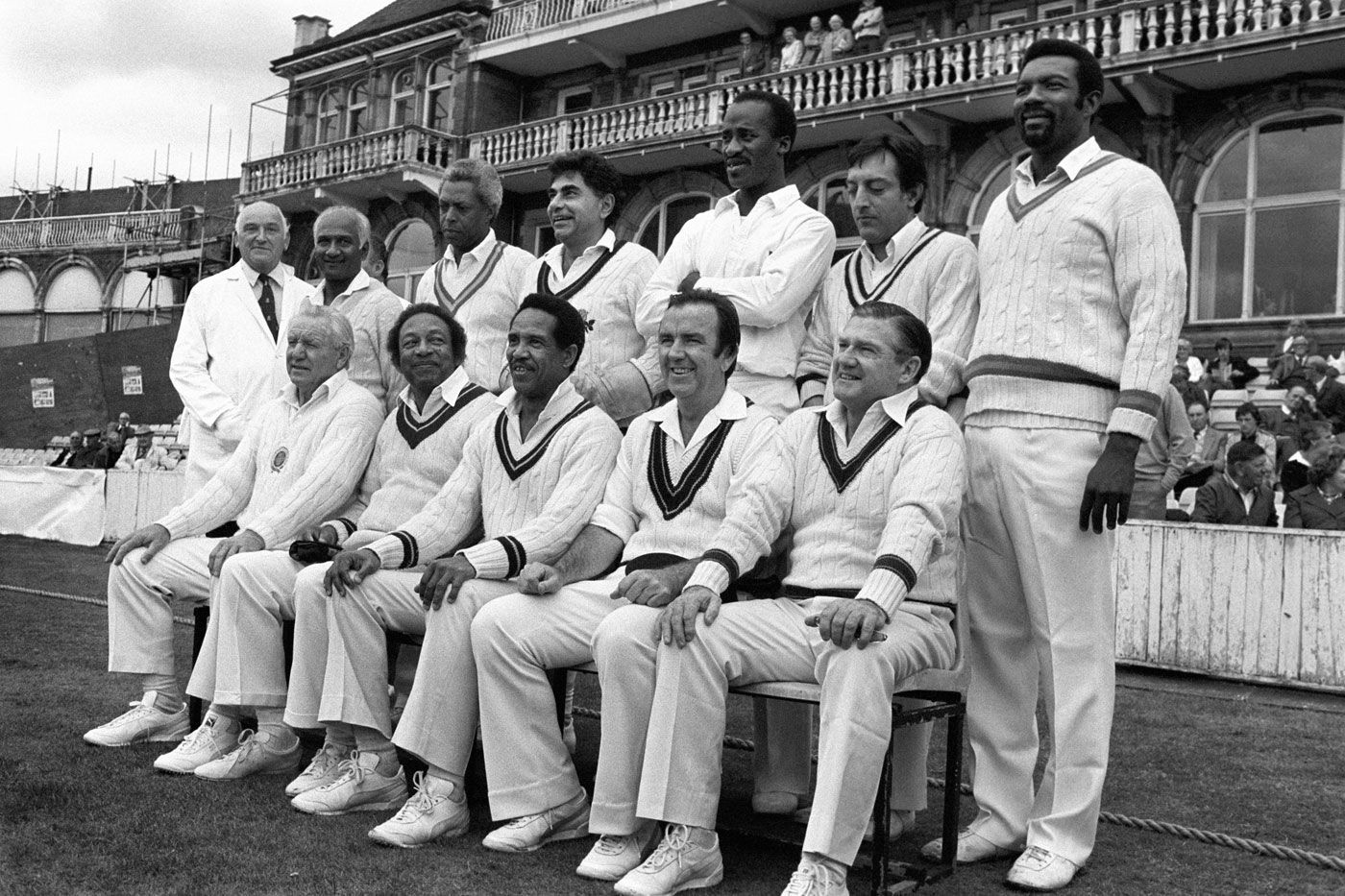 The Old World XI squad poses for photos before the match against the Old England XI