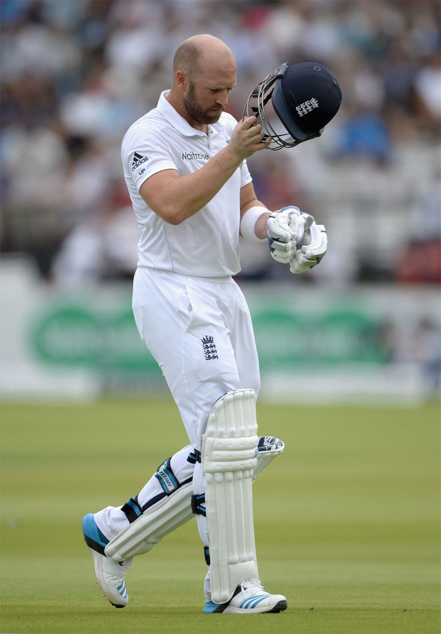 Matt Prior trudges off the field after holing out in the deep