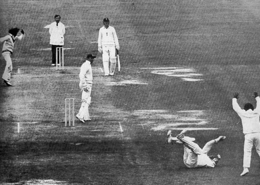 Geoff Boycott, in his last Test innings for three years, is caught by Farokh Engineer off Eknath Solkar for 6