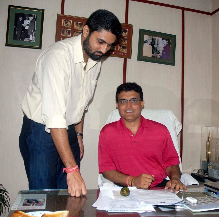Sourav Ganguly with cricketer Ranadeb Bose after being elected the Joint Secretary of the Cricket Association of Bengal