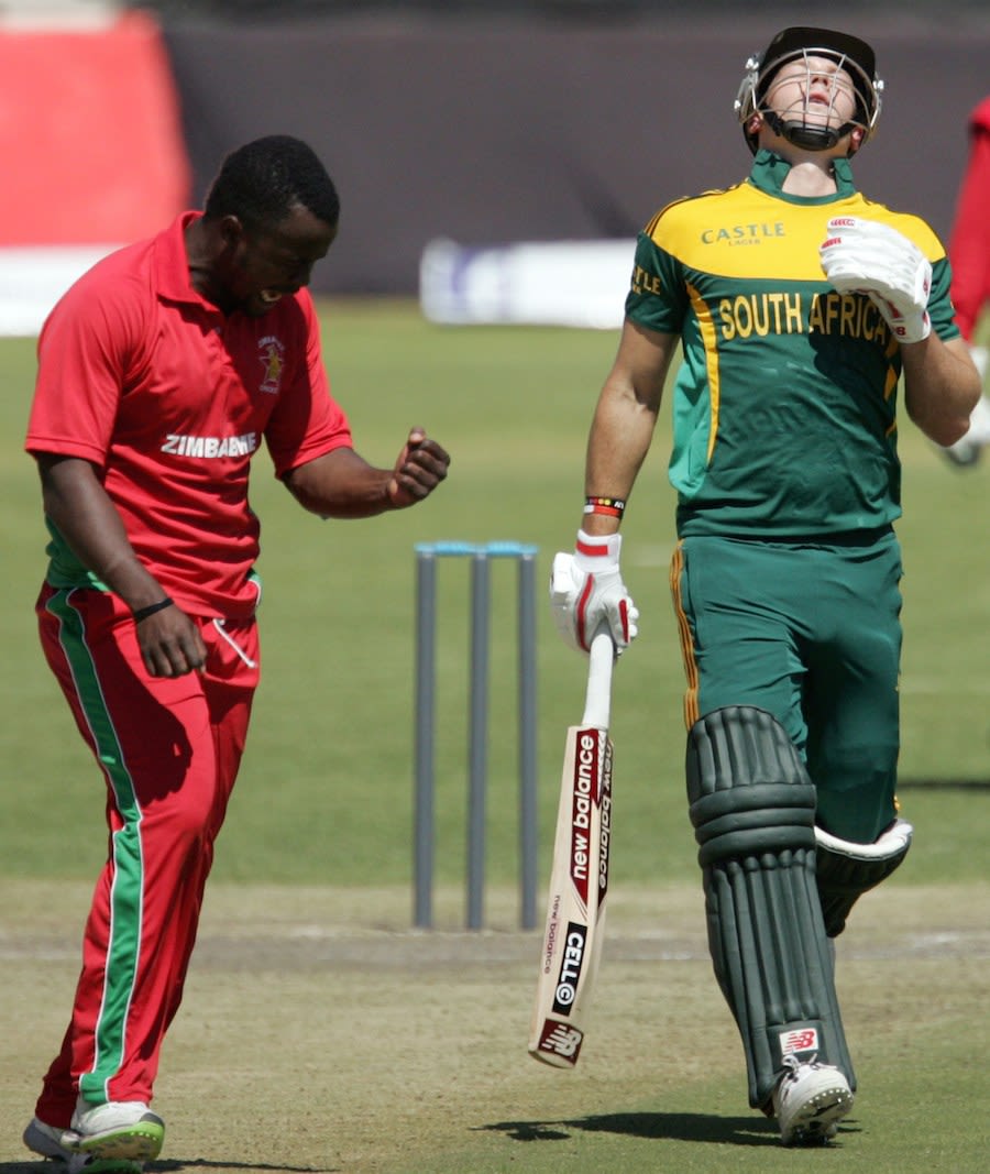 Brian Vitori is pumped after taking a wicket