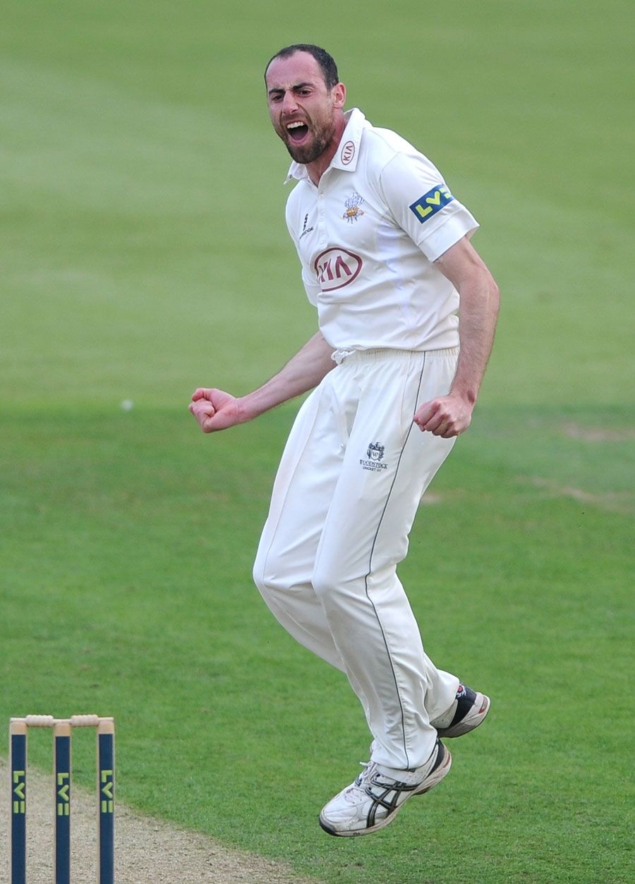 Tim Linley celebrates a wicket in exuberant fashion