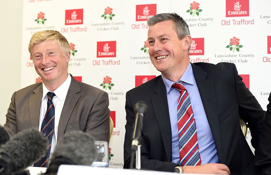 Glen Chapple with Ashley Giles as Lancashire's new coach faces the media