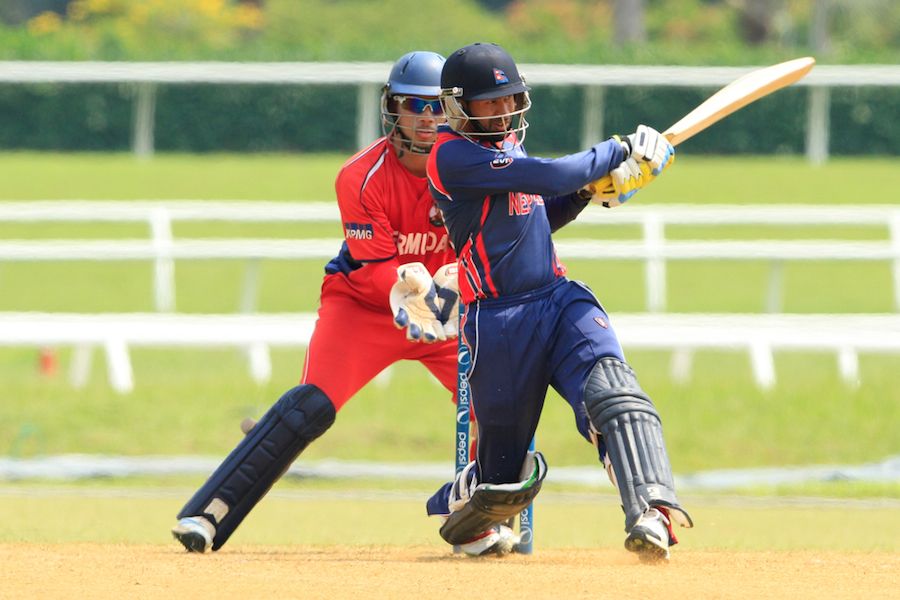 Binod Bhandari targets the leg side during his unbeaten 43