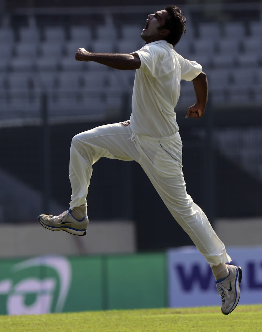 Shahadat Hossain celebrates a wicket in the first over