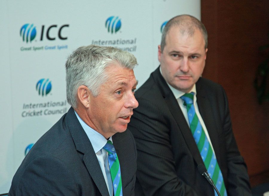 ICC chief executive David Richardson and general manager, cricket, Geoff Allardice at a press conference