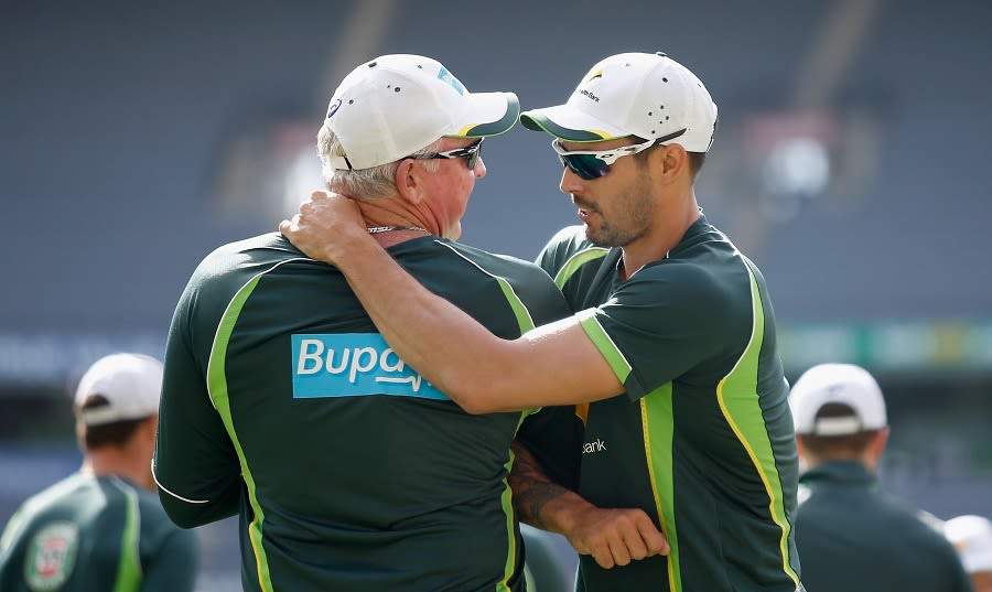 Mitchell Johnson with Craig McDermott at training