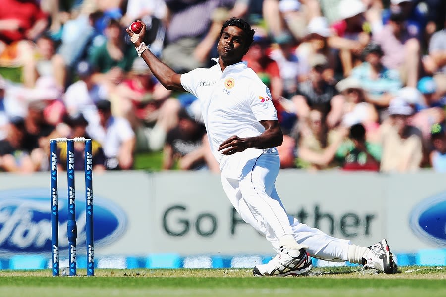 Shaminda Eranga lost his footing while attempting his first ball of the match