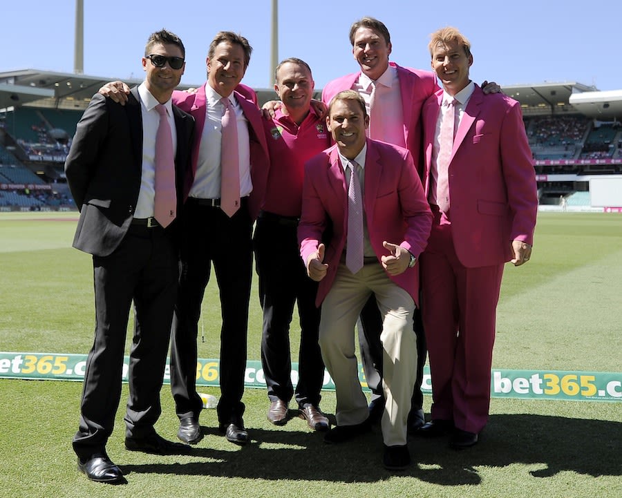 Michael Clarke, Mark Nicholas, Michael Slater, Shane Warne, Glenn McGrath and Brett Lee wear pink on Jane McGrath Day