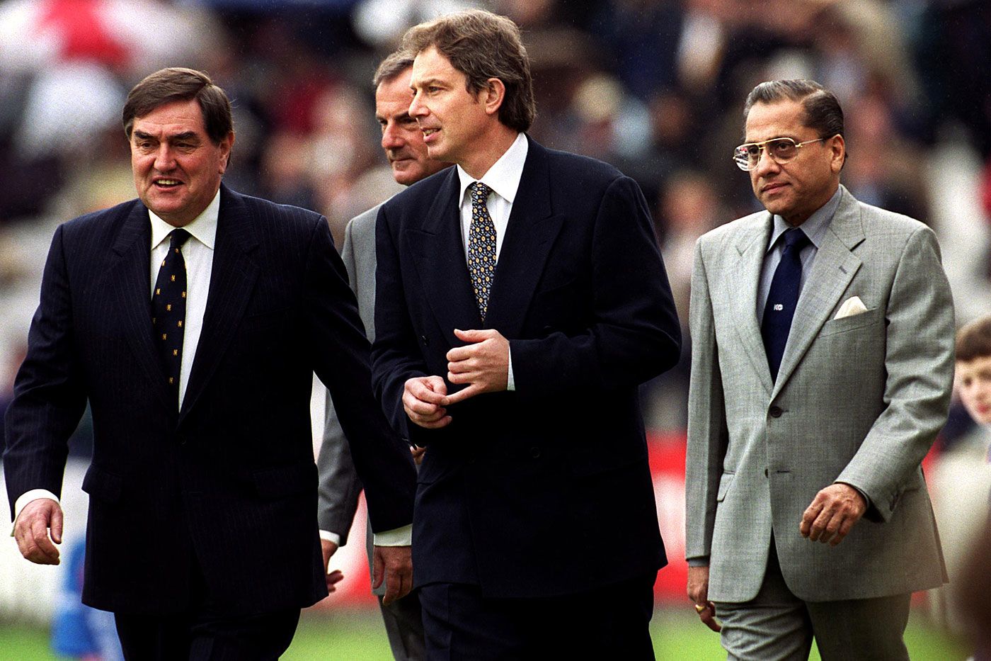 Tony Lewis, Tony Blair, Lord MacLaurin and Jagmohan Dalmiya at the 1999 World Cup opening ceremony