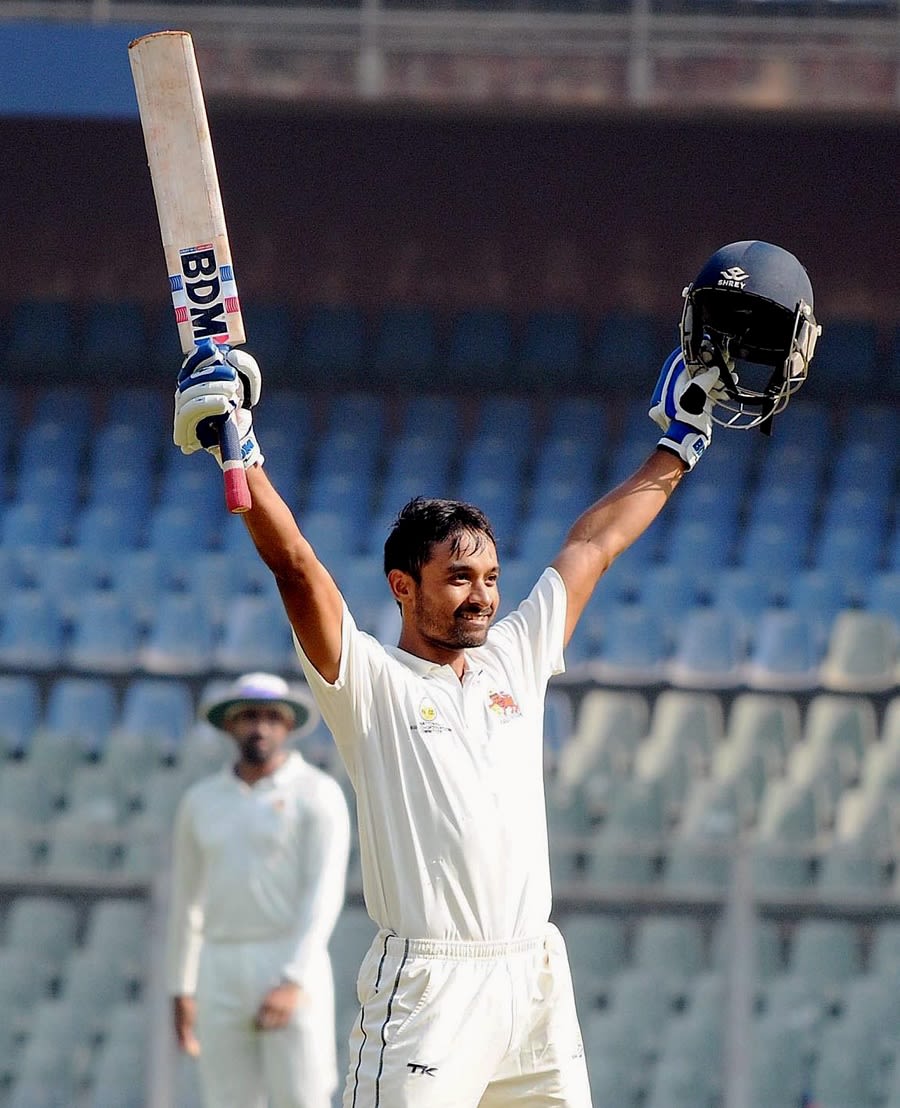 Nikhil Patil celebrates after scoring his maiden first-class ton