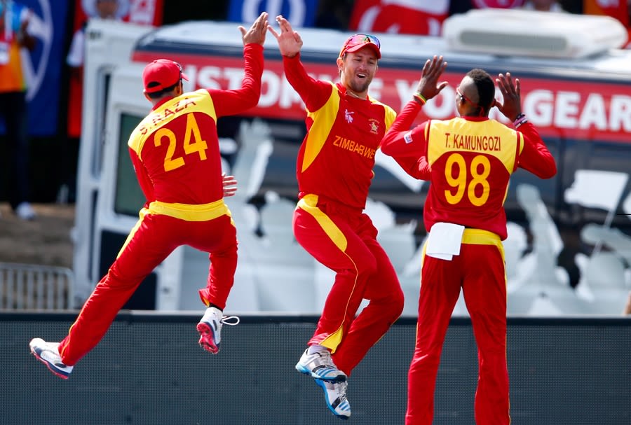 Craig Ervine celebrates after pulling off a hokey-pokey catch to dismiss AB de Villiers