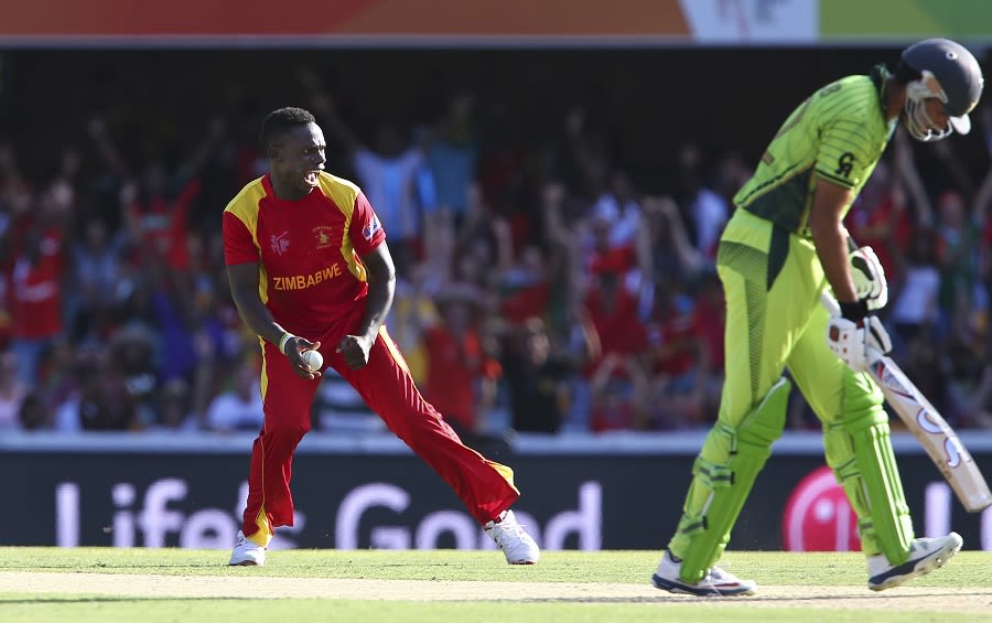 Tawanda Mupariwa is pumped up after getting rid of Sohaib Maqsood