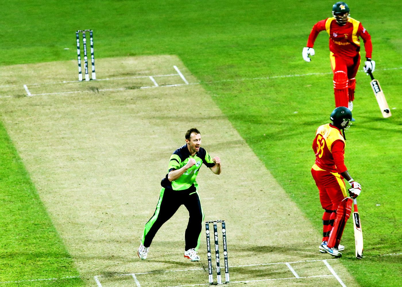 Alex Cusack celebrates Tawanda Mupariwa's wicket