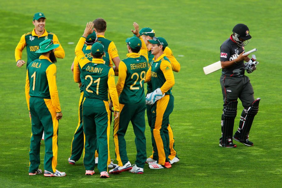 South Africa players celebrate the wicket of Andri Berenger
