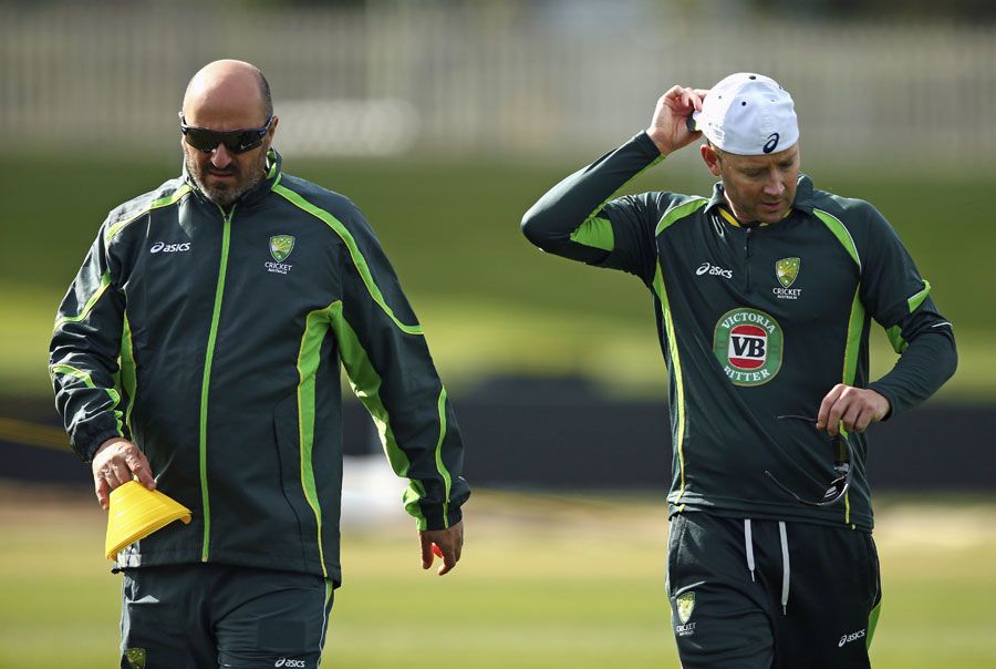 Michael Clarke and Alex Kountouris during Australia's training session