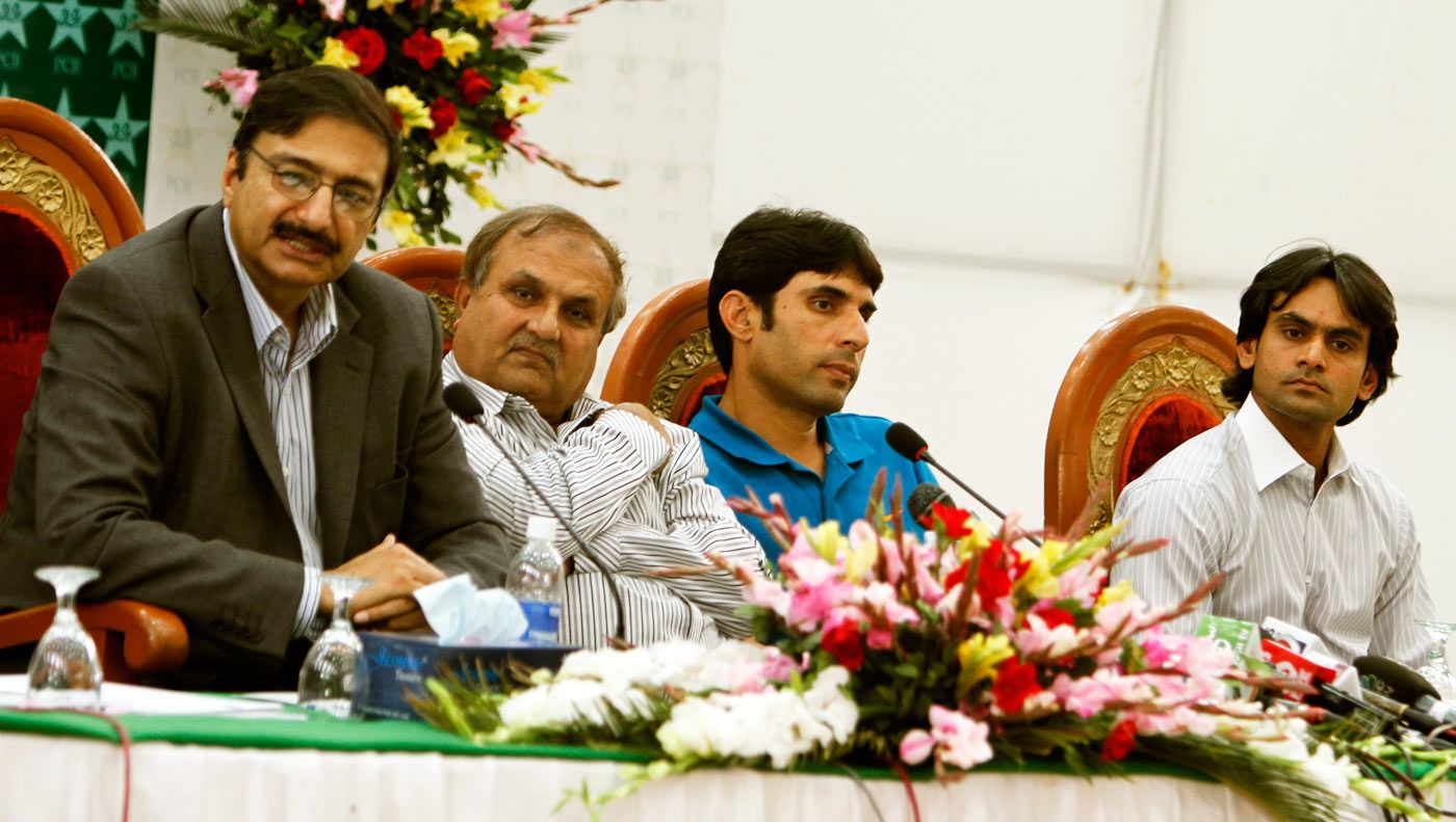 PCB chairman Zaka Ashraf addresses a press conference with the new chief selector Iqbal Qasim and Misbah-ul-Haq and Mohammad Hafeez