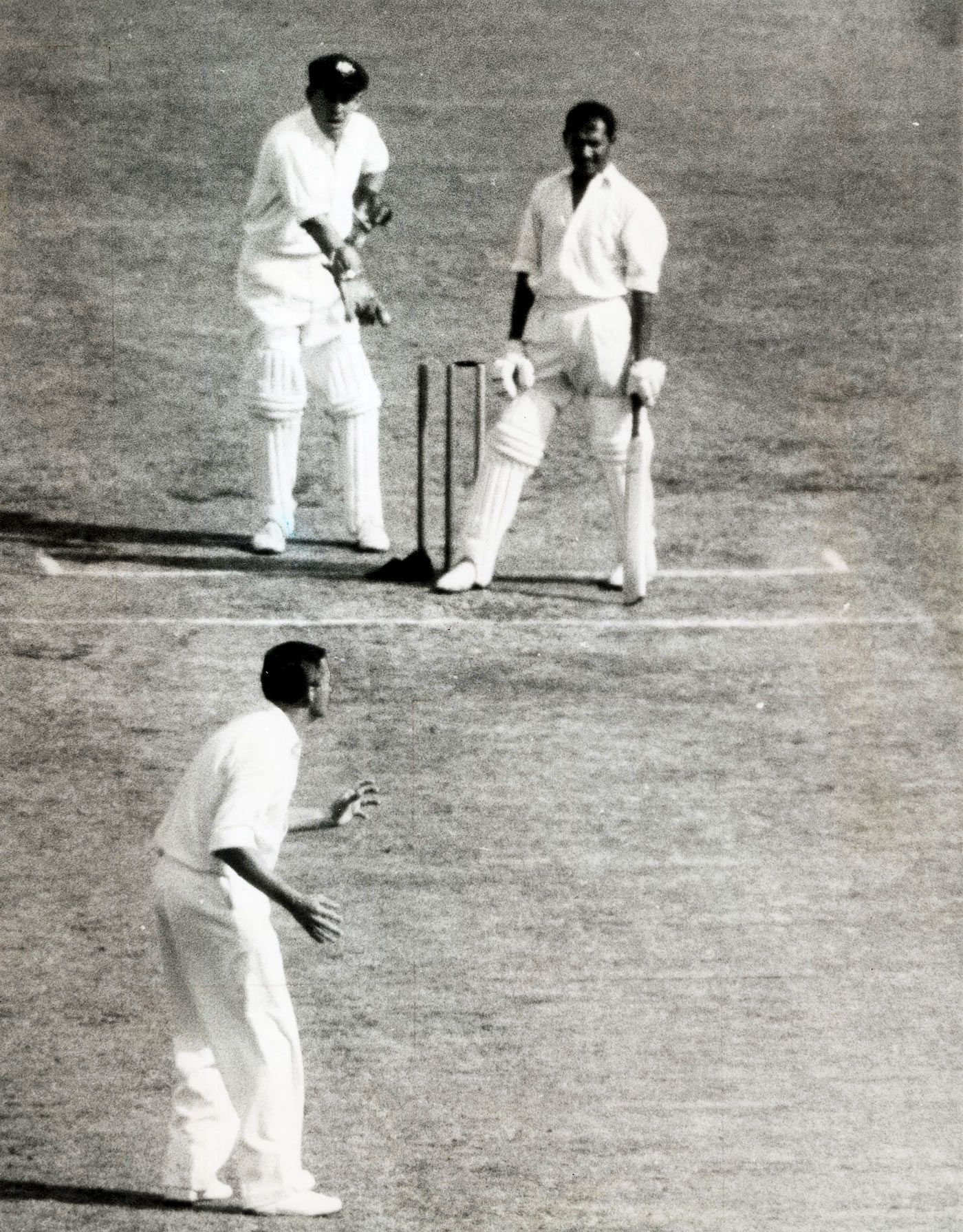 Richie Benaud and wicketkeeper Wally Grout wait for the umpire's decision after batsman Joe Solomon's cap falls and dislodges a bail