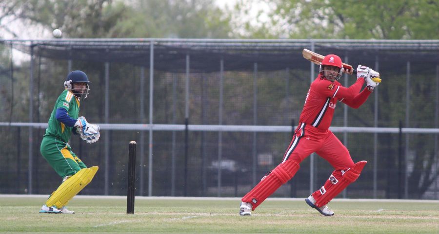 Rizwan Cheema cuts through the off side during his 31-ball 34