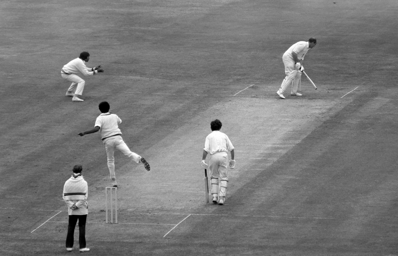 Brian Close takes evasive action against a Michael Holding bouncer