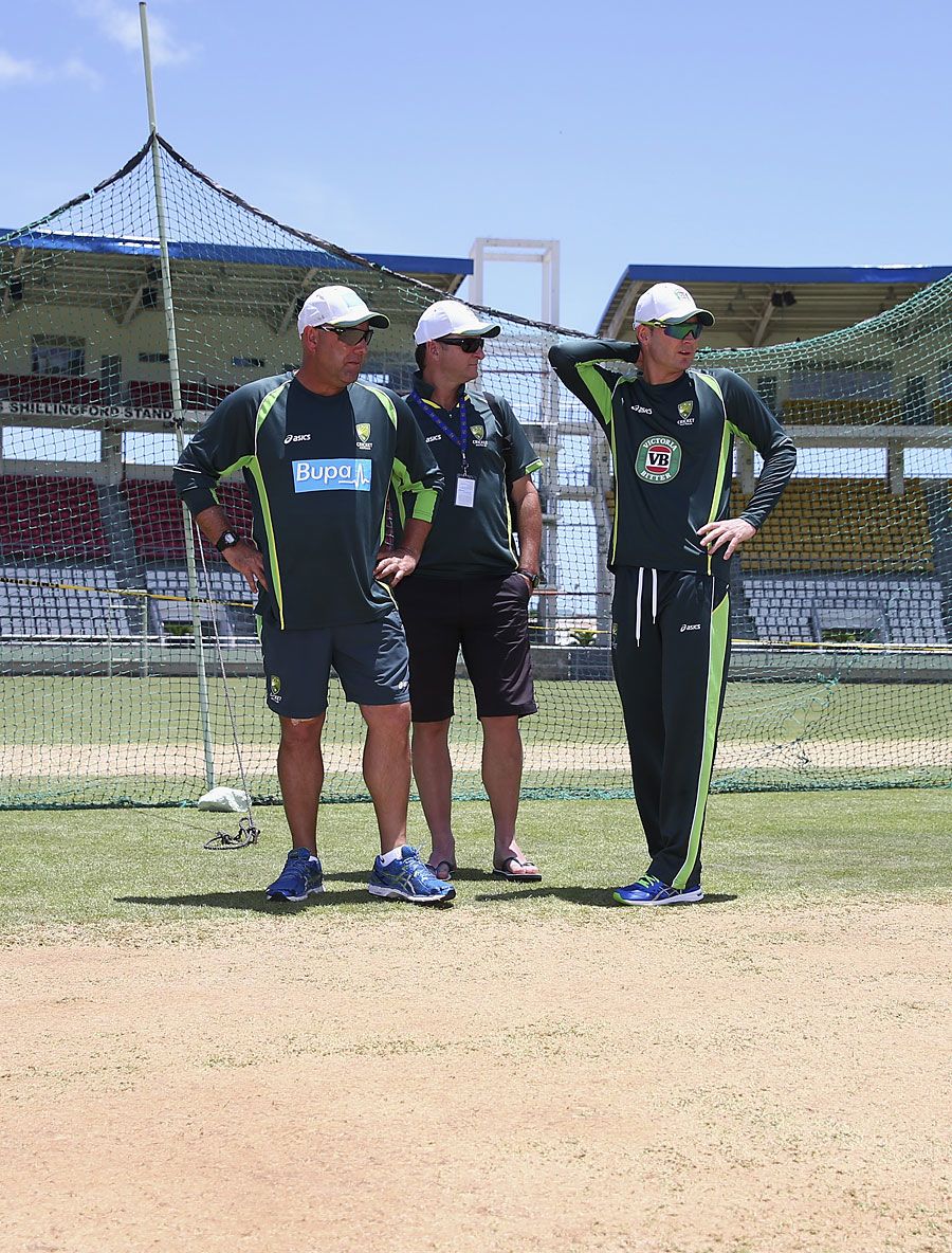 Darren Lehmann, Mark Waugh and Michael Clarke inspect the pitch