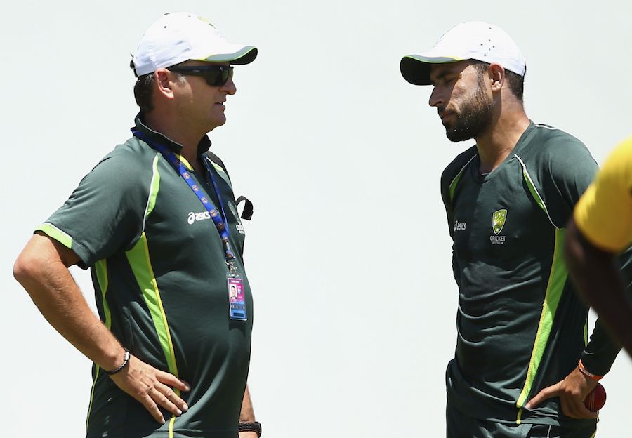 Mark Waugh, the Australia selector, has a word with Fawad Ahmed