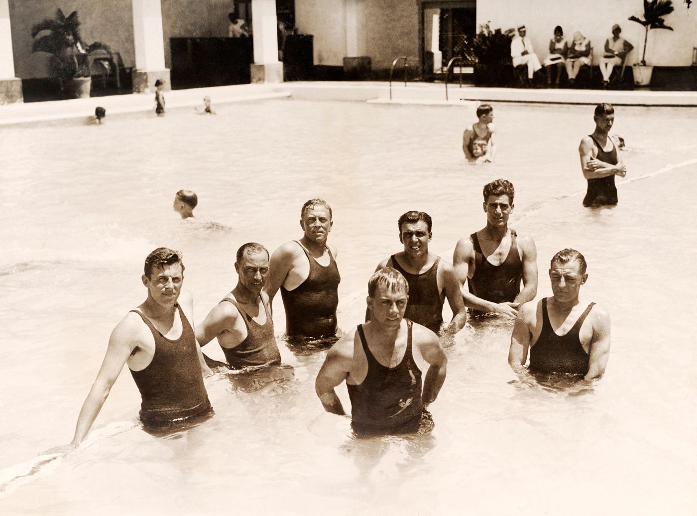 Members of the England team in a pool