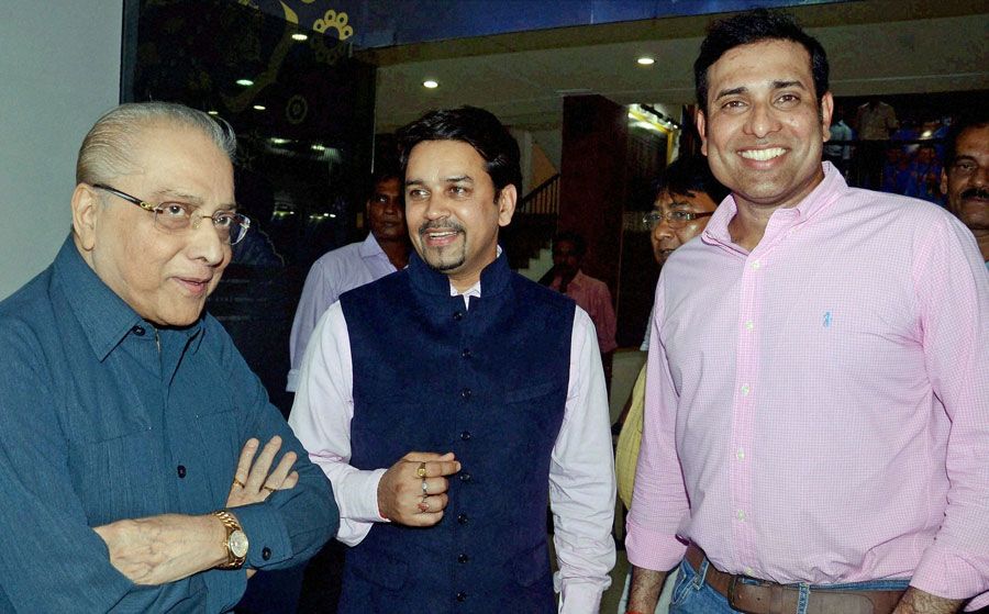 Jagmohan Dalmiya, Anurag Thakur and VVS Laxman after the BCCI advisory committee meeting