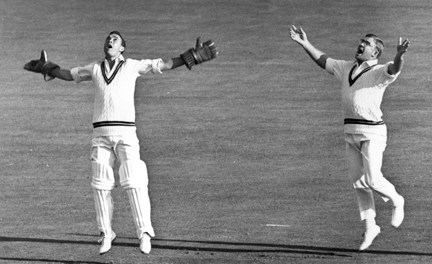 Wicketkeeper Denis Lindsay and Eddie Barlow celebrate Bob Barber being caught behind for 1