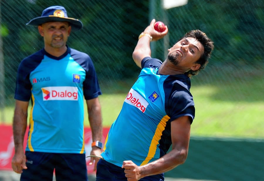 Suranga Lakmal bowls under the supervision of Marvan Atapattu