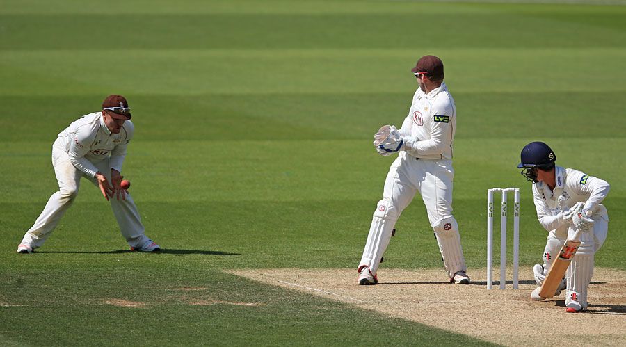 Jason Roy pouches a catch at slip to remove Will Tavare