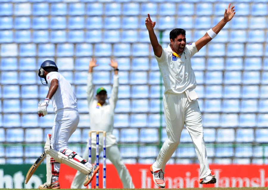 Ehsan Adil appeals unsuccessfully for an lbw